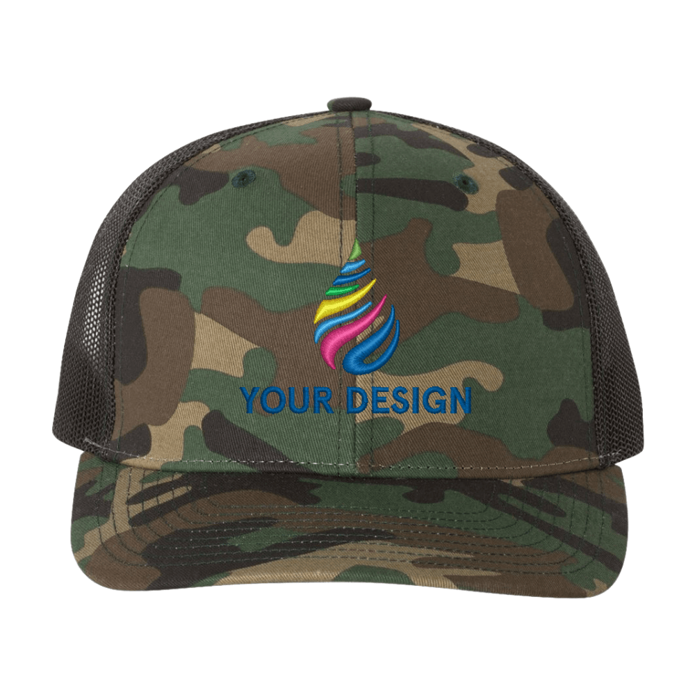 alt="Printed trucker cap with embroidered logo, Richardson 112P style"